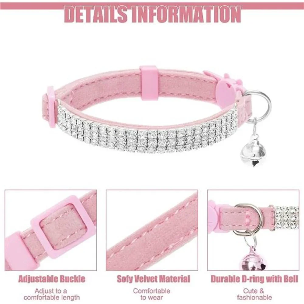 Soft Velvet Safe Cat Collars for Girl Cats -2 Pack Rhinestones Bling Diamante